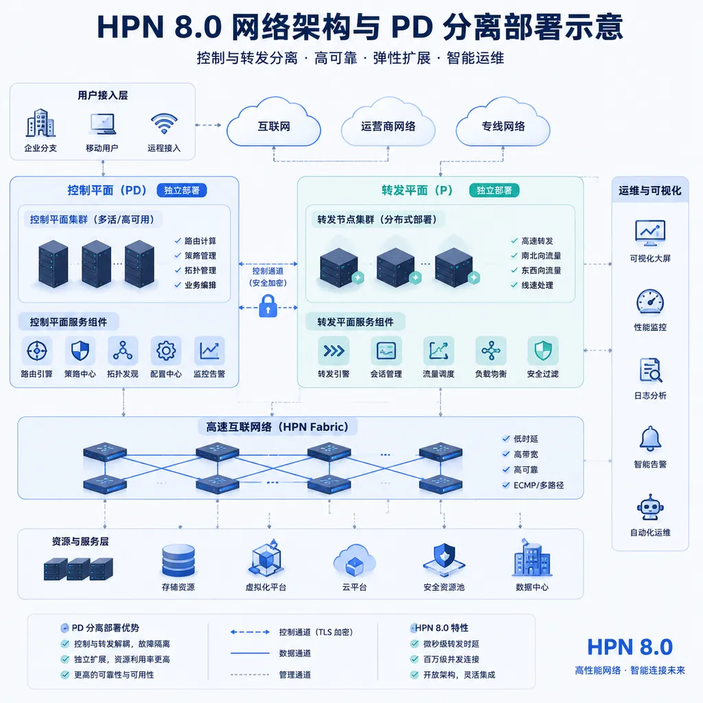 HPN 8.0 network architecture and PD‑separated deployment diagram