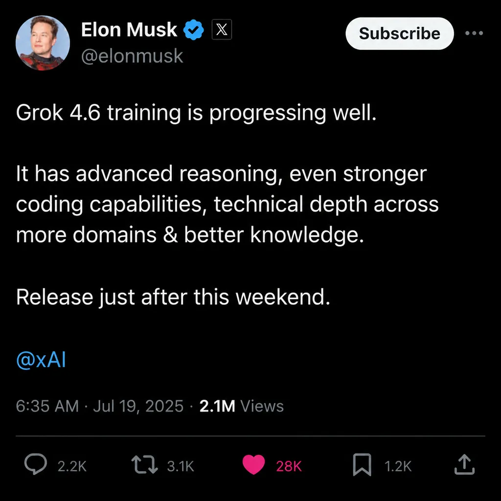 Screenshot of Musk’s tweet on Grok 4.6 training progress on X