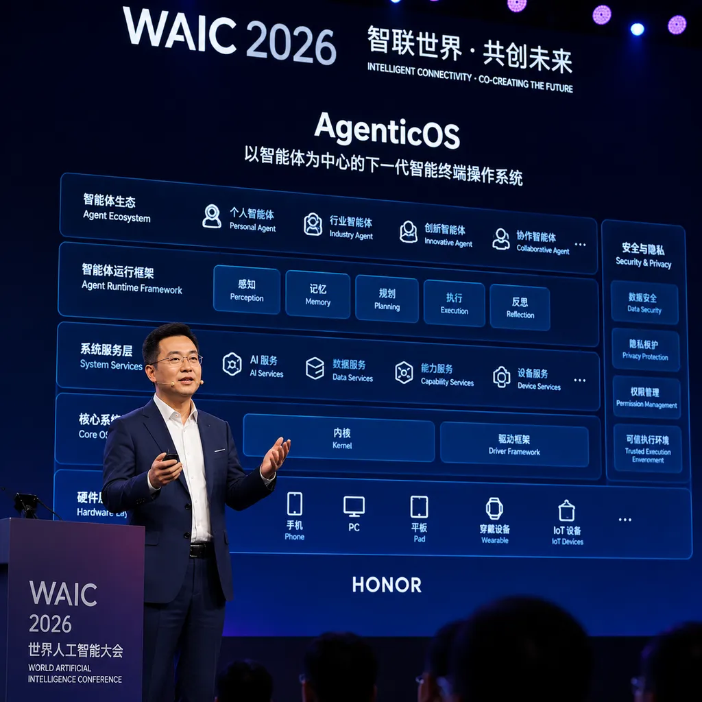 Honor CEO Li Jian presenting the AgenticOS architecture at WAIC 2026