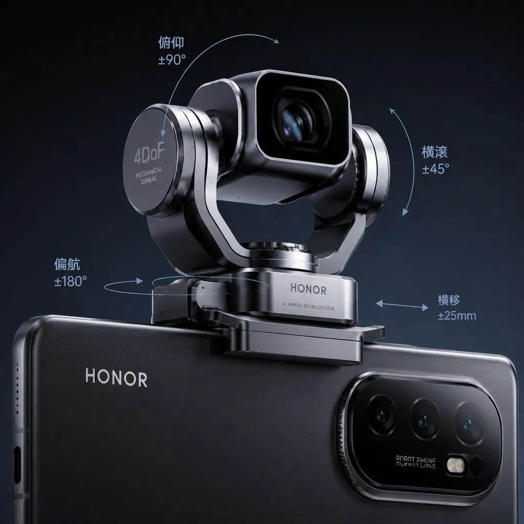 Close-up of the 4DoF mechanical gimbal atop the Honor Robot Phone