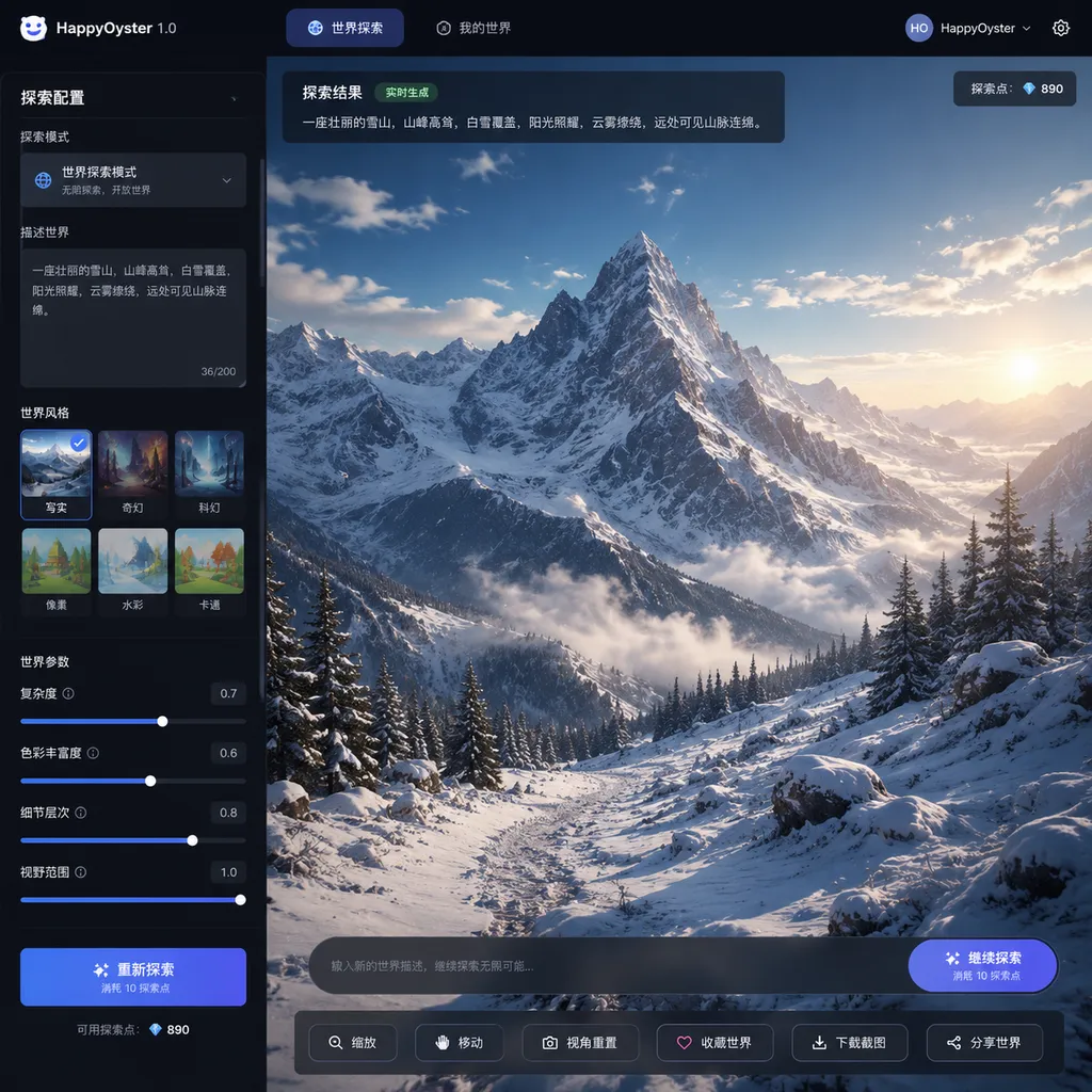 Screenshot of HappyOyster 1.0 World Exploration mode, showing a snow mountain scene generated from text