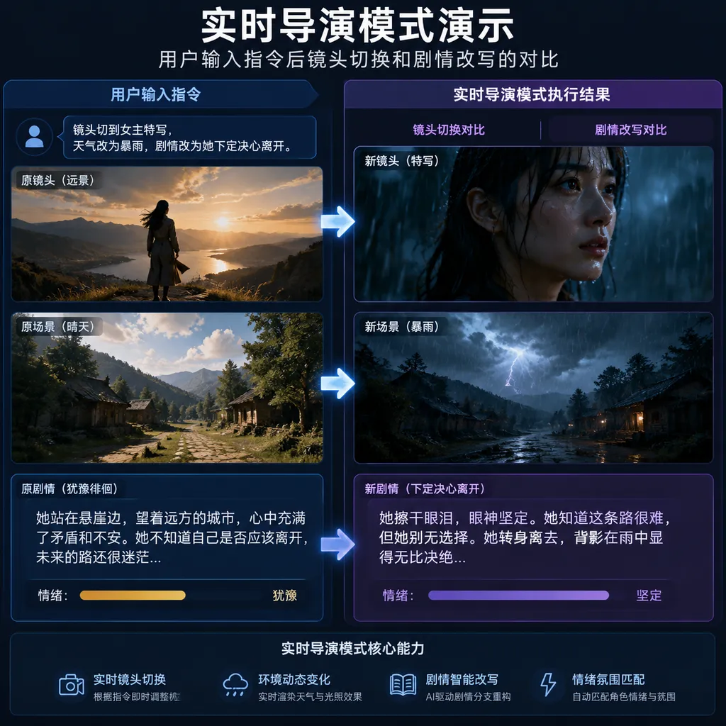 Directing mode demo comparing scene changes and plot rewrites after user input
