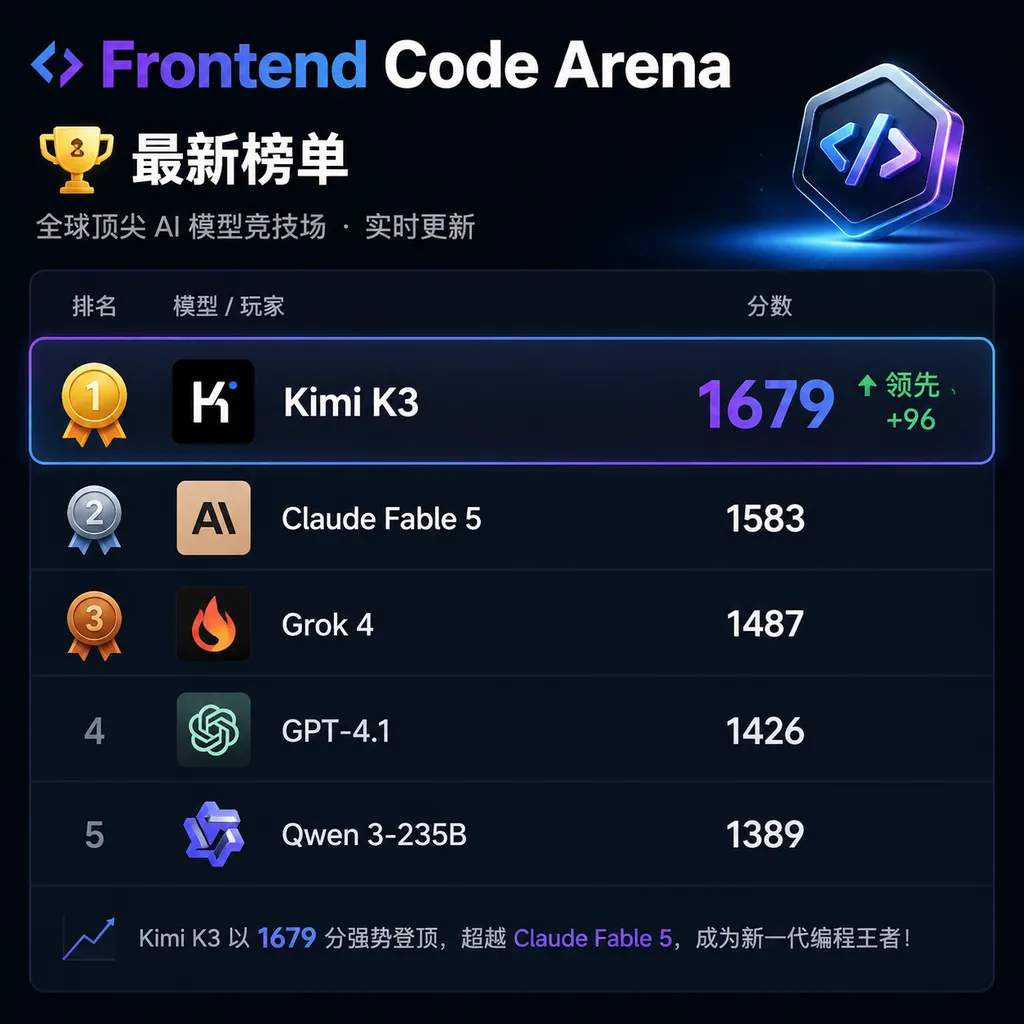 Frontend Code Arena 最新榜单截图,Kimi K3 以 1679 分排名第一并超过 Claude Fable 5