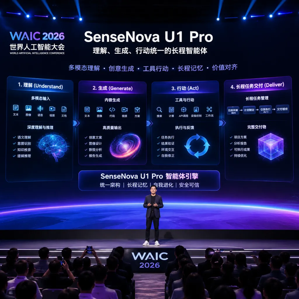 SenseNova U1 Pro在WAIC 2026发布现场,画面展示理解、生成、行动统一以及长程任务交付流程