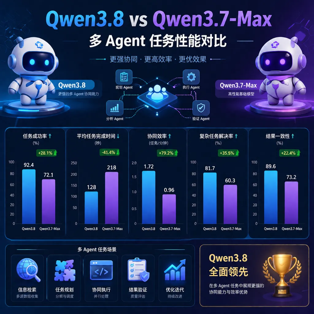 Comparison chart of Qwen3.8 vs Qwen3.7-Max on multi-agent task performance