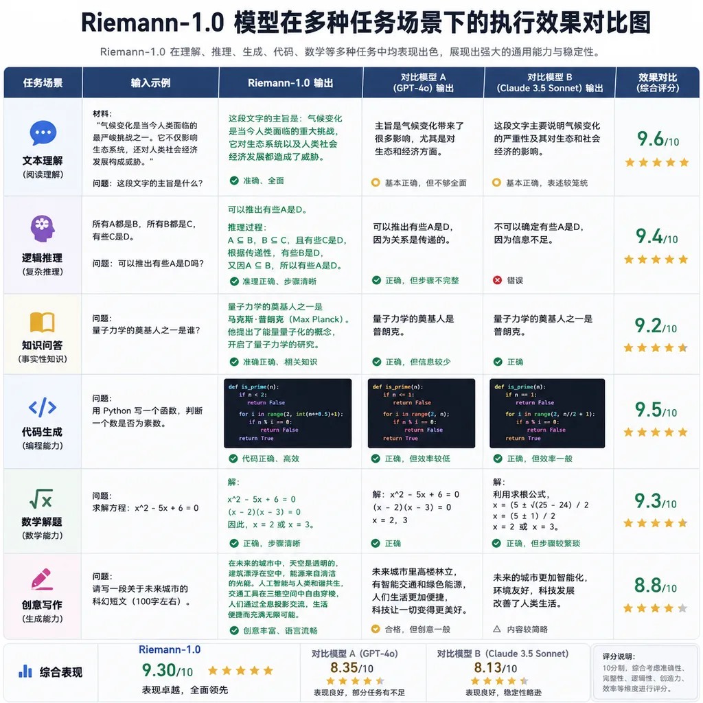 Comparison of Riemann‑1.0 model performance across multiple task scenarios