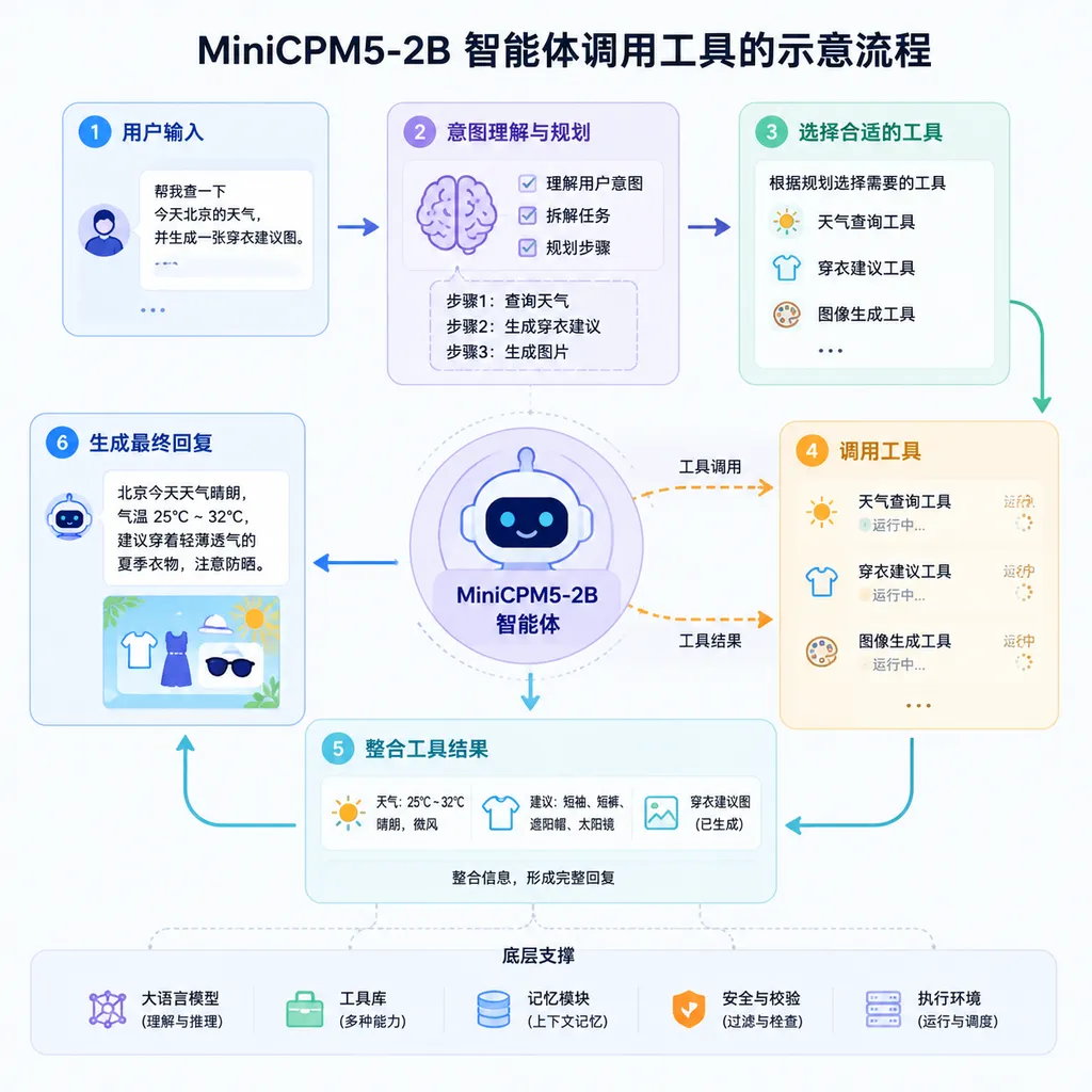 Diagram of the tool-calling process of MiniCPM5-2B as an intelligent agent