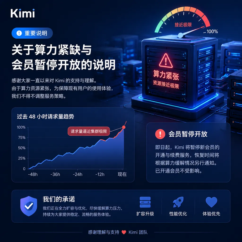 Kimi发布“关于算力紧缺与会员暂停开放的说明”,重点标注过去48小时请求量逼近集群极限