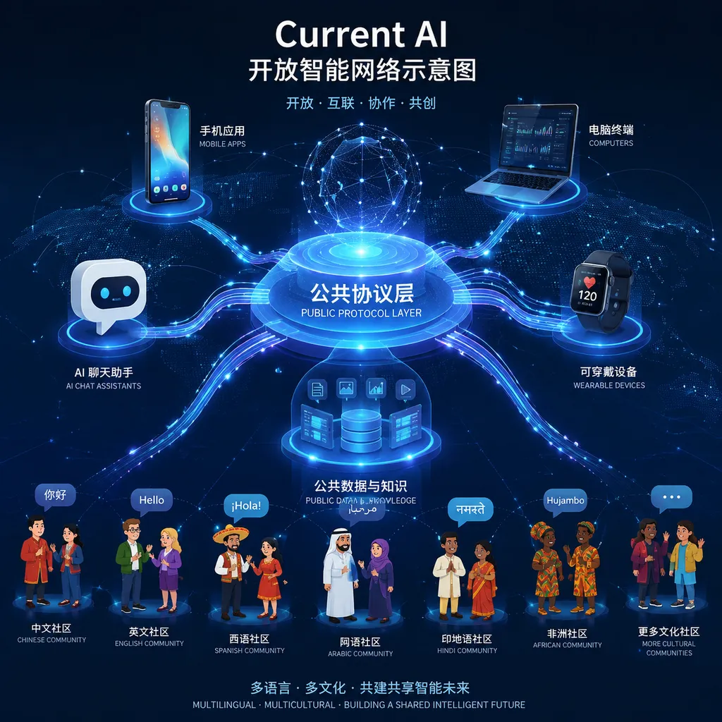 Current AI 开放智能网络示意图,中央为公共协议层,连接手机、电脑、聊天助手、可穿戴设备、公共数据与不同语言文化社区