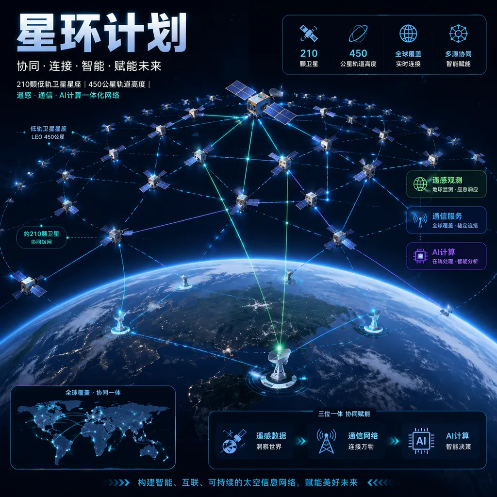 星环计划示意图,约210颗低轨卫星在450公里轨道组成遥感、通信与AI计算协同网络