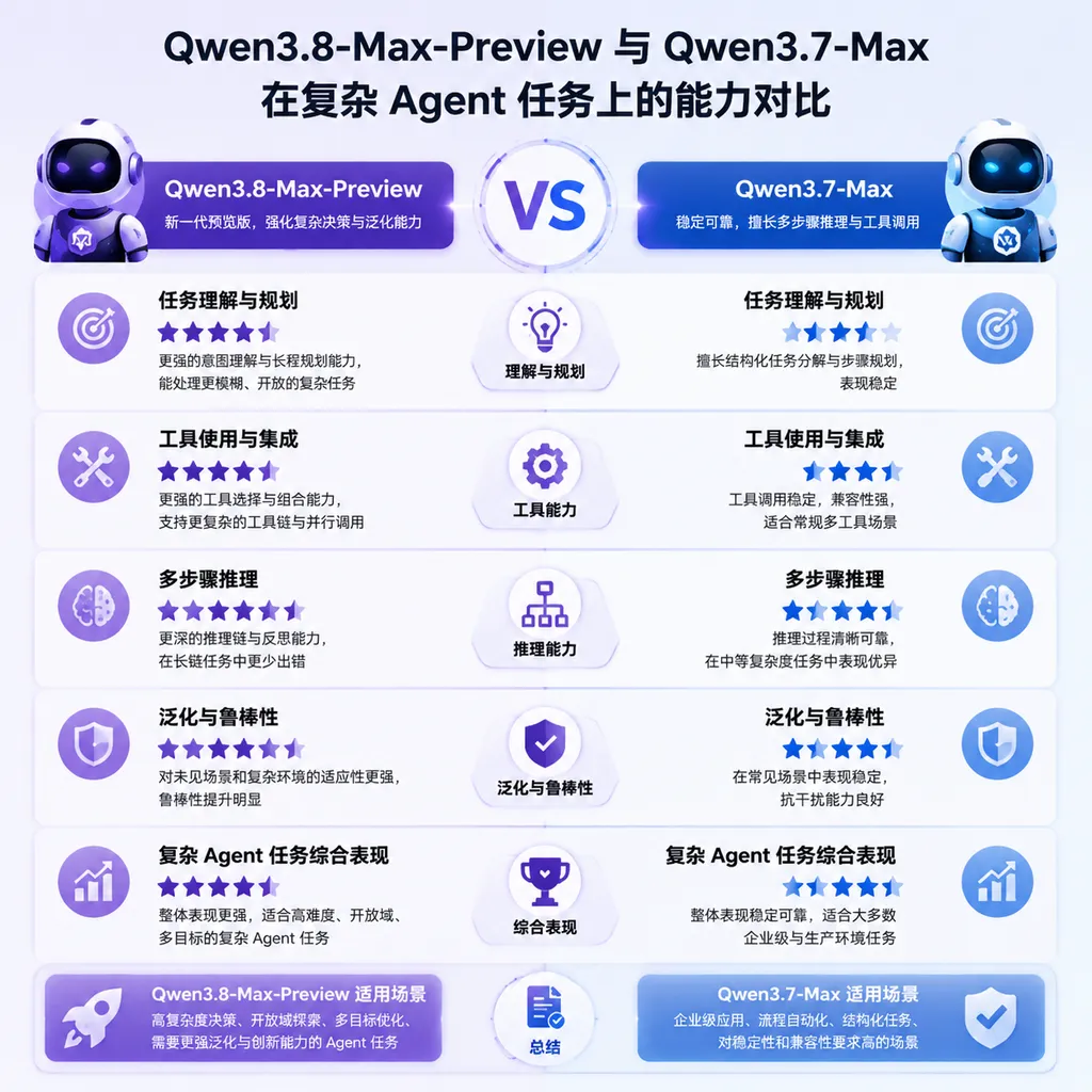 Diagram comparing Qwen3.8-Max-Preview vs Qwen3.7-Max performance on complex Agent tasks