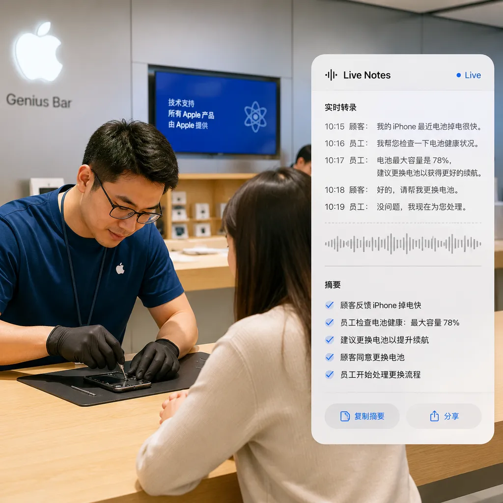 Apple Store 天才吧员工正在为顾客检修设备,旁边界面显示 Live Notes 实时转录与摘要