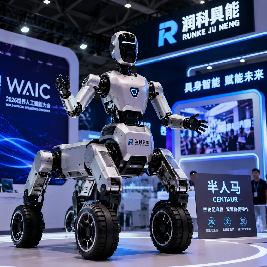 润科具能“半人马”机器人在2026世界人工智能大会现场展示,画面突出四轮足底盘与双臂结构