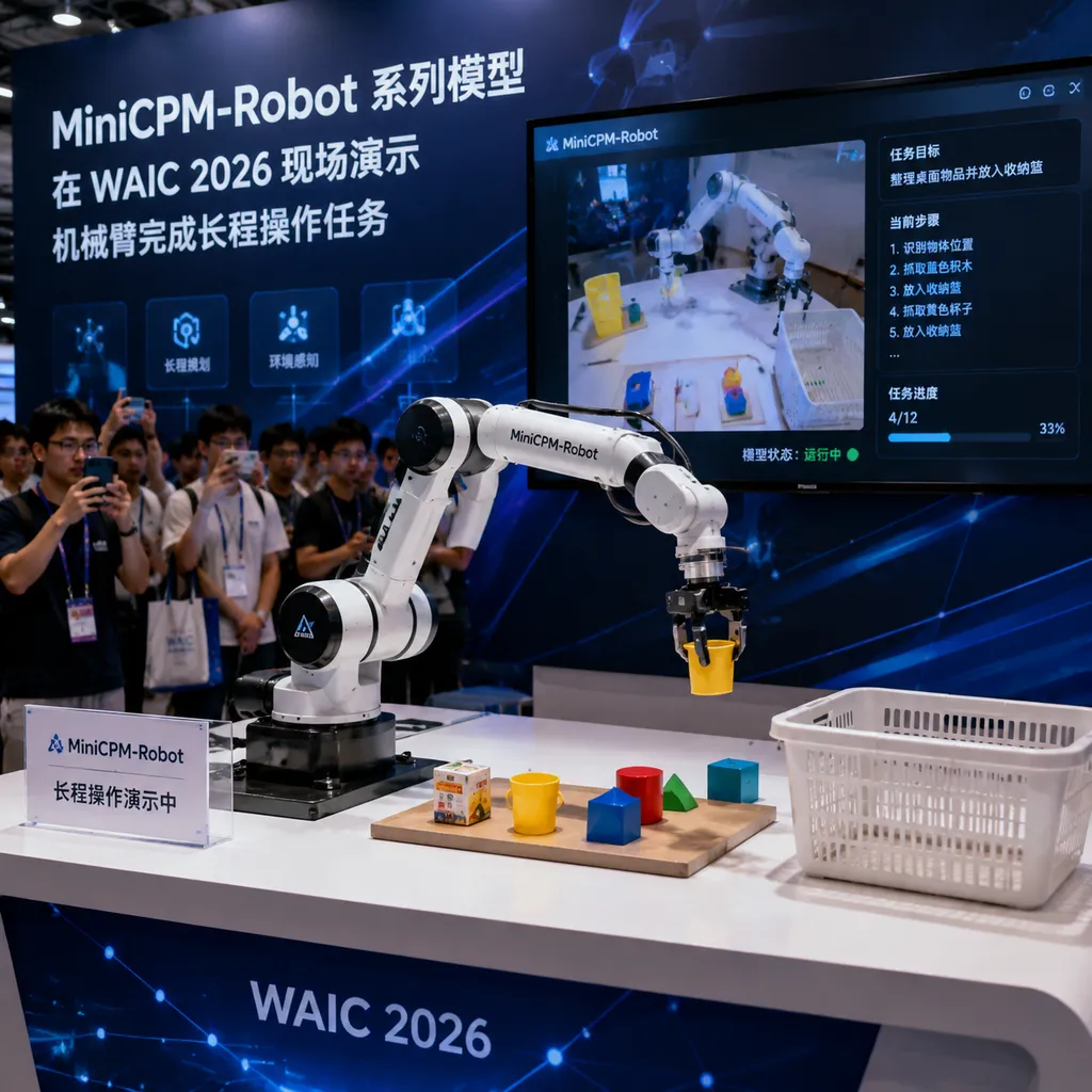 MiniCPM‑Robot series demonstration at WAIC 2026, with robotic arm completing a long‑range manipulation task