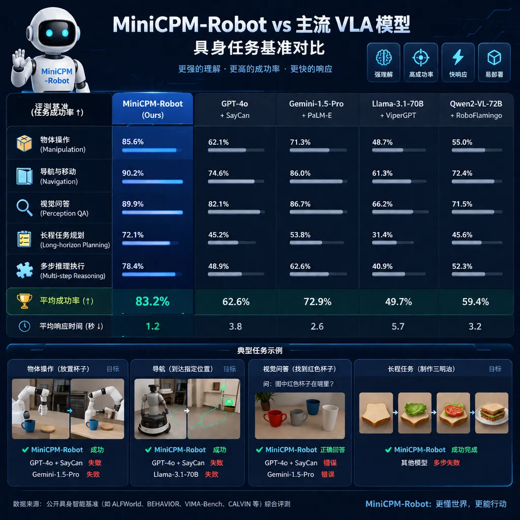 Benchmark comparison of MiniCPM‑Robot and mainstream VLA models on embodied‑AI tasks