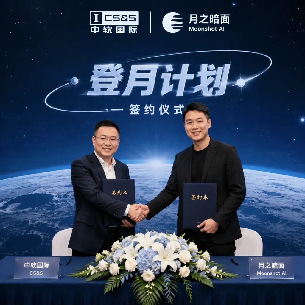 Chinasoft International and Moonshot AI signing ceremony, representatives shaking hands, background showing the Moon Landing Plan logo