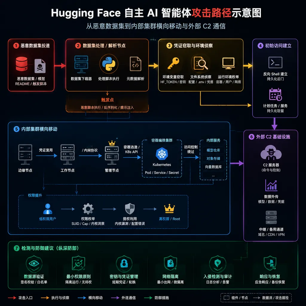 Hugging Face 自主 AI 智能体攻击路径示意图,展示恶意数据集、处理节点、凭证窃取、内部集群横向移动和外部 C2 基础设施
