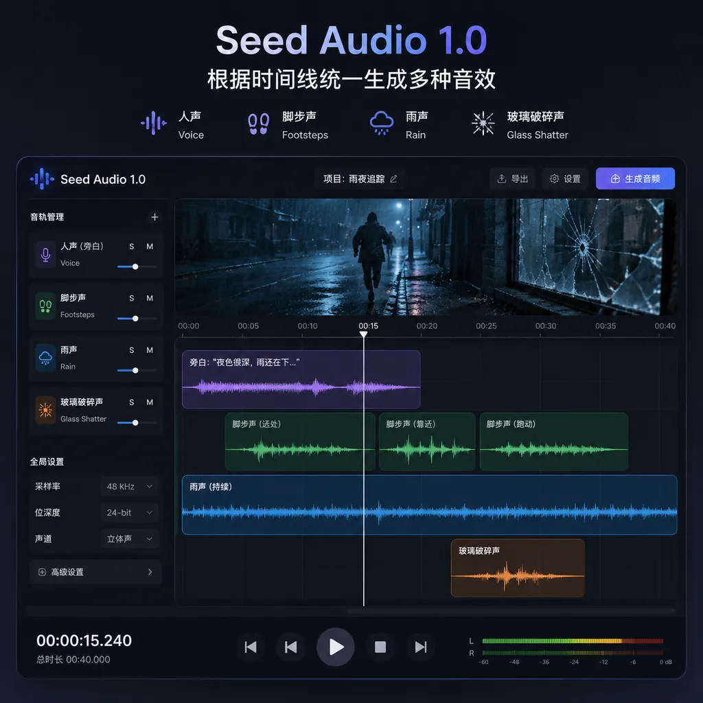 Seed Audio 1.0 根据时间线统一生成人声、脚步声、雨声和玻璃破碎声的产品演示界面
