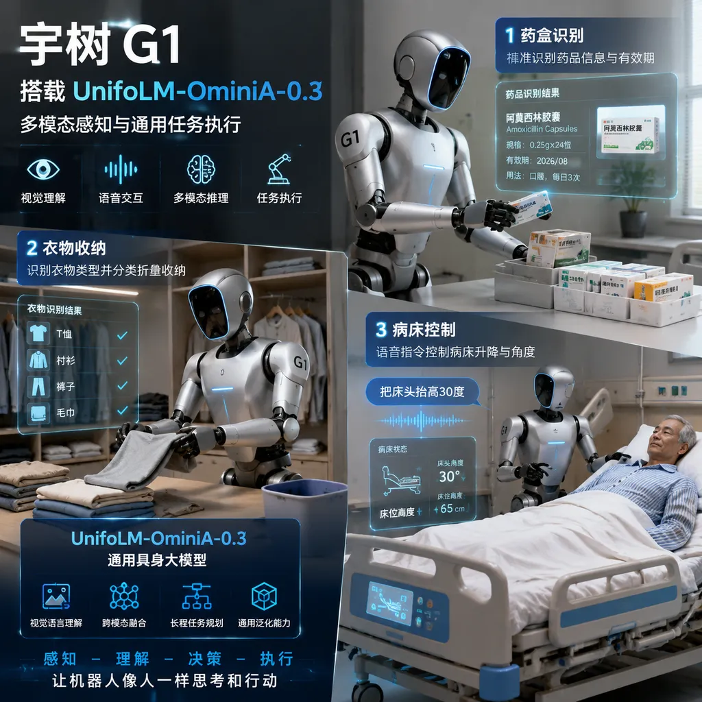 宇树G1搭载UnifoLM-OminiA-0.3执行药盒识别、衣物收纳和病床控制任务