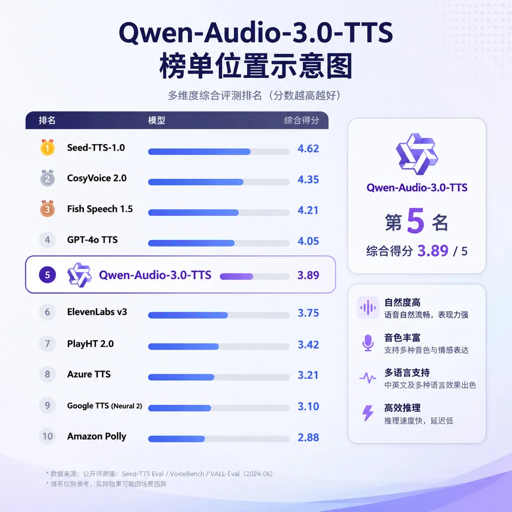Qwen‑Audio‑3.0‑TTS leaderboard position illustration