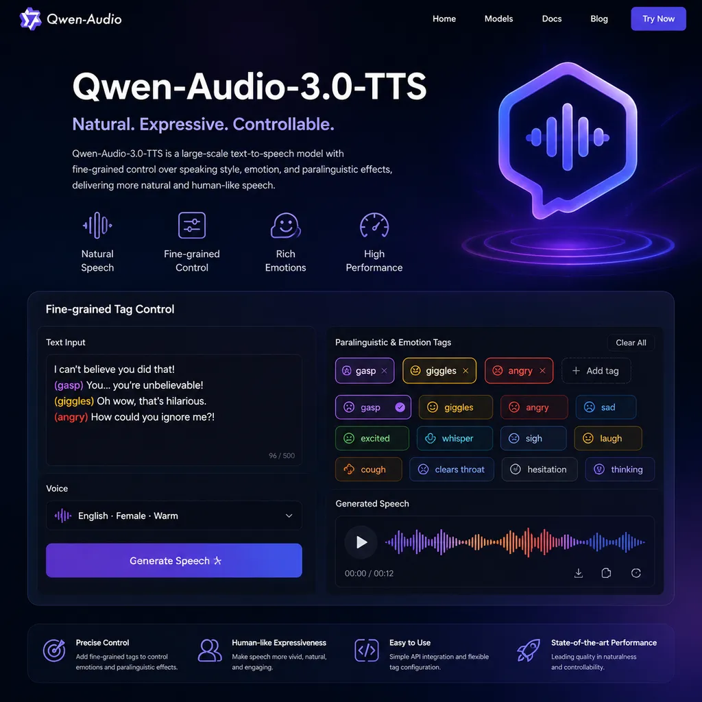 Qwen-Audio-3.0-TTS 发布页与细粒度标签控制示意图,展示 gasp、giggles、angry 等标签