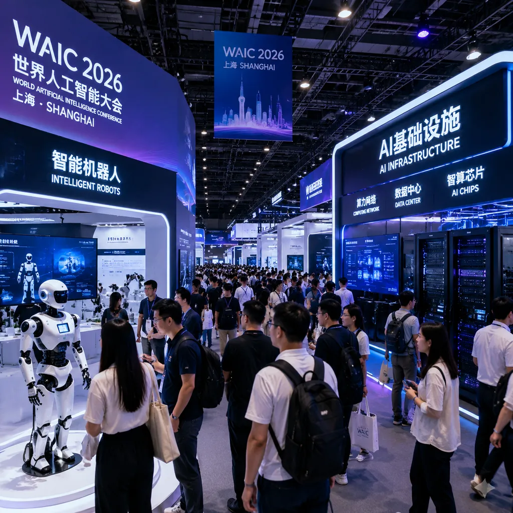 WAIC 2026上海展馆现场,观众在智能机器人与AI基础设施展台之间参观