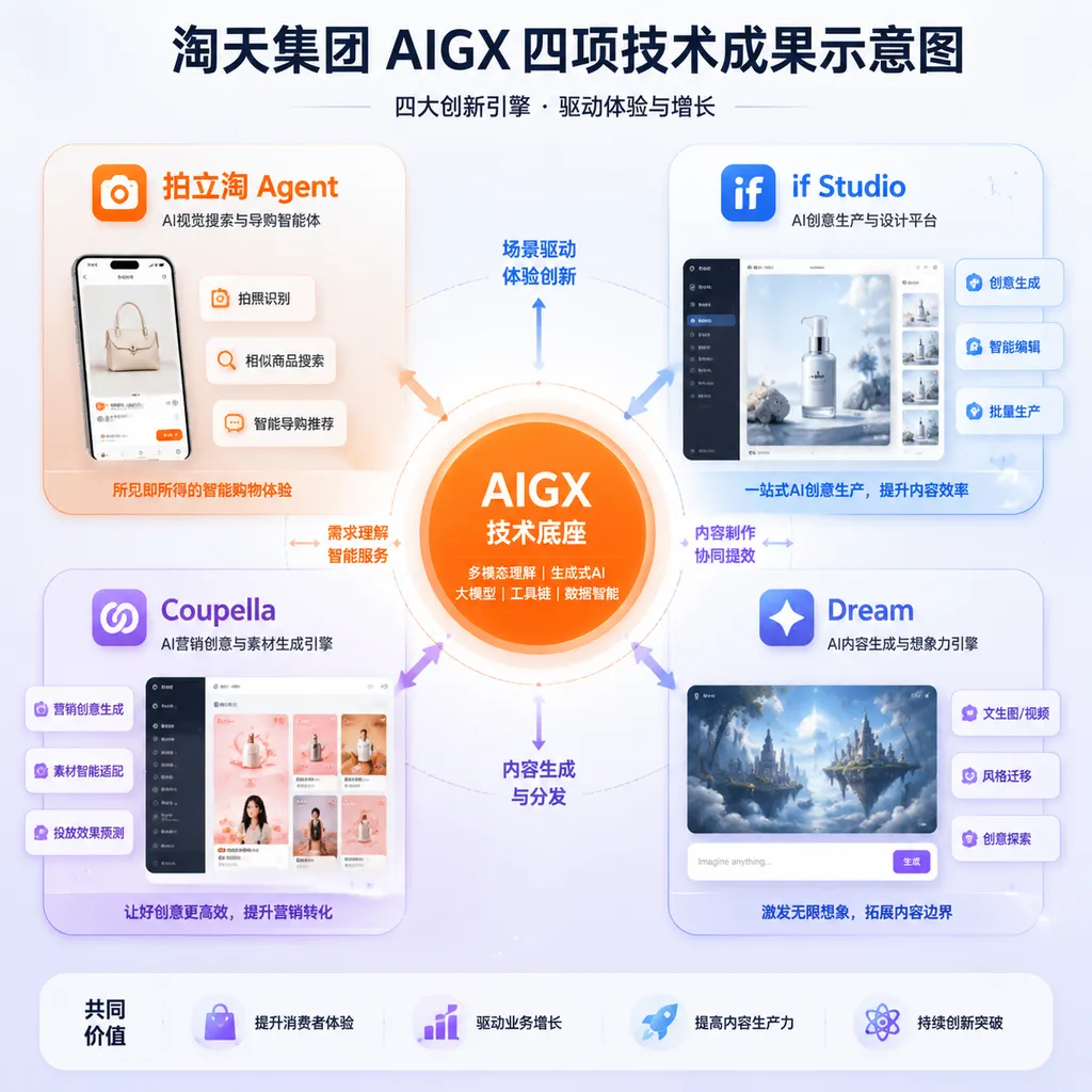 淘天集团AIGX四项技术成果示意图,展示拍立淘Agent、if Studio、Coupella和Dream之间的业务关系