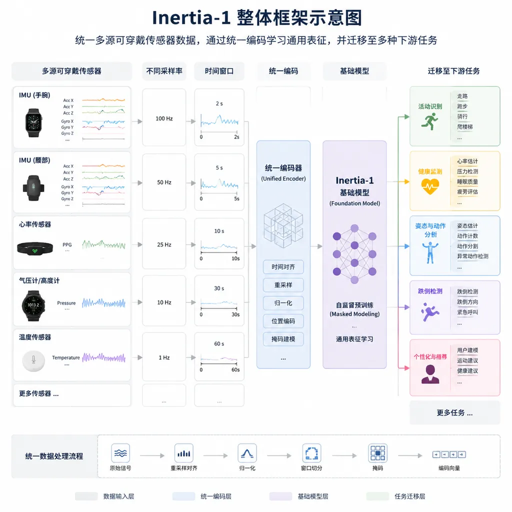 Inertia-1整体框架示意图,展示不同可穿戴传感器、采样率和时间窗口经过统一编码后进入基础模型,再迁移至活动识别、健康监测等任务