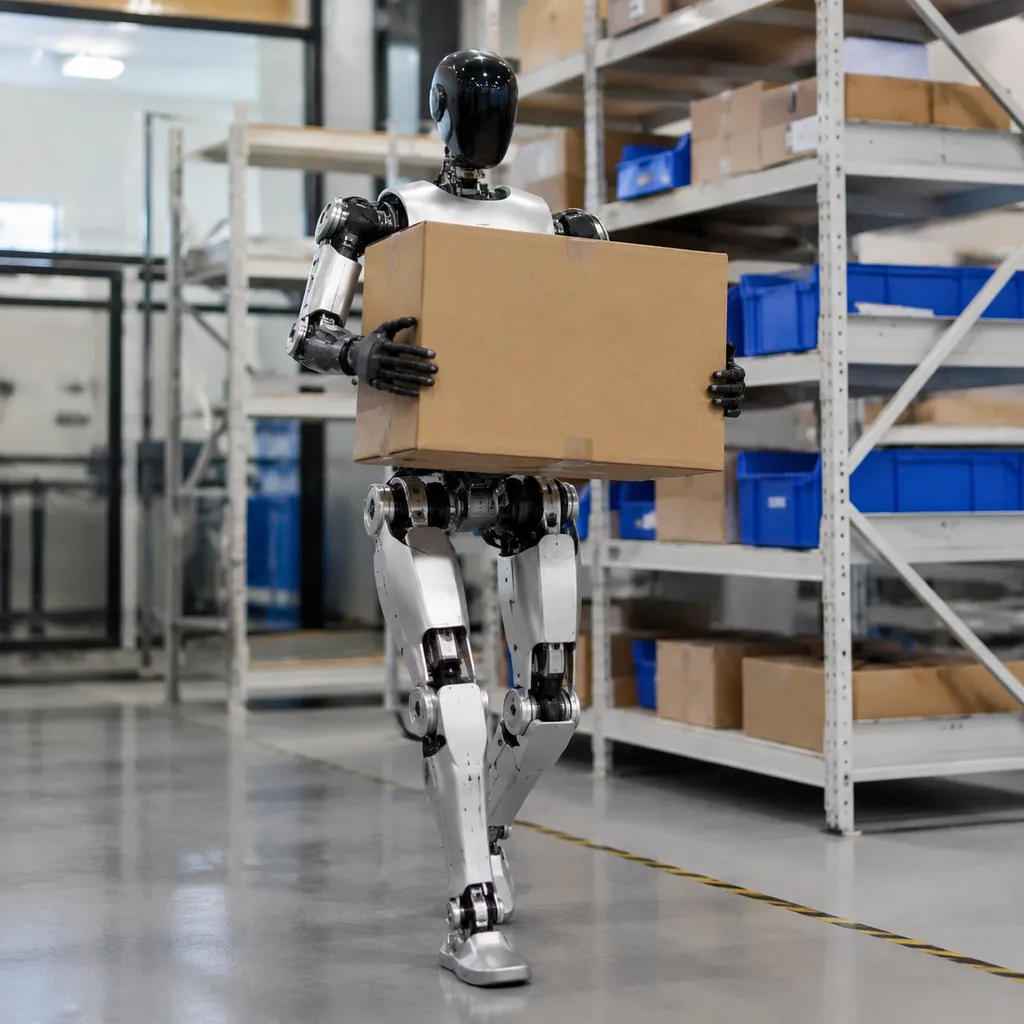 Photo or render of a humanoid robot performing a “walk‑and‑carry‑box” compound task
