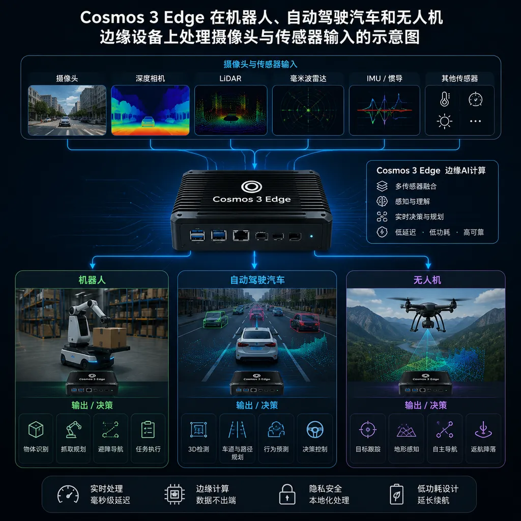 Cosmos 3 Edge 在机器人、自动驾驶汽车和无人机边缘设备上处理摄像头与传感器输入的示意图