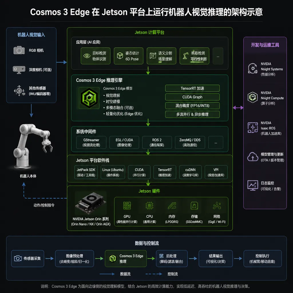 Architecture diagram of Cosmos 3 Edge running robot vision inference on Jetson platform