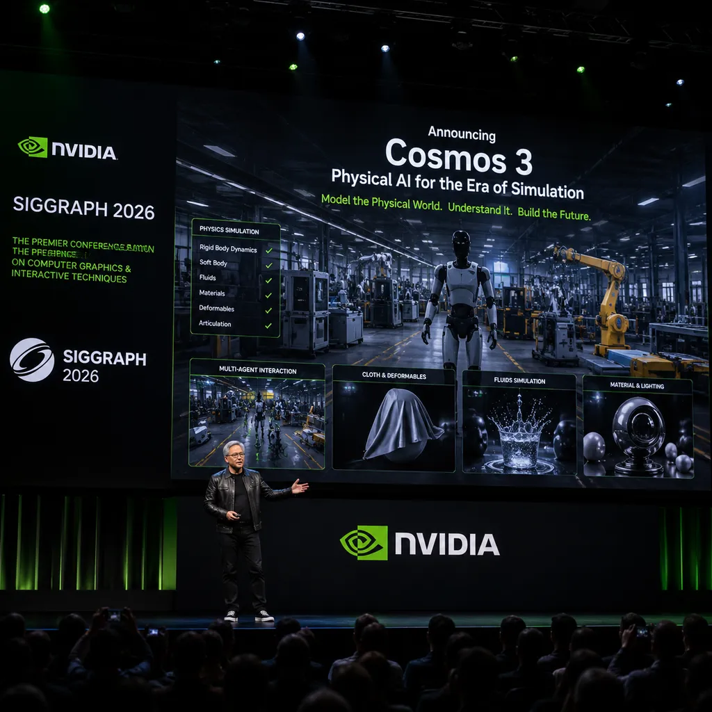 NVIDIA SIGGRAPH 2026 keynote showcasing Cosmos 3 physical AI simulation