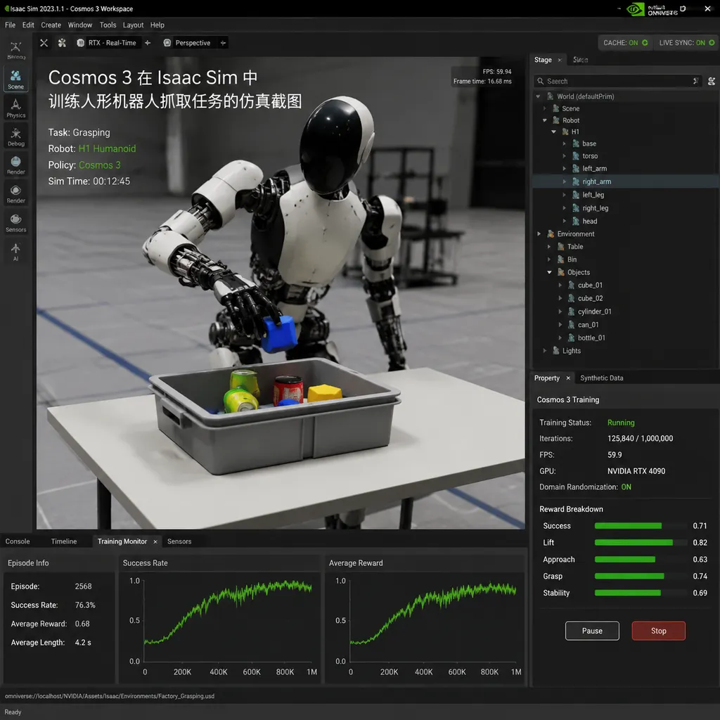 Cosmos 3 simulation screenshot in Isaac Sim training a humanoid robot for grasping tasks