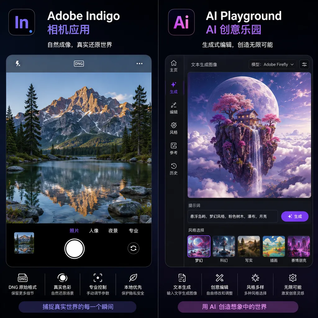 Adobe Indigo相机应用与AI Playground功能界面并列展示,突出自然成像和生成式编辑之间的反差