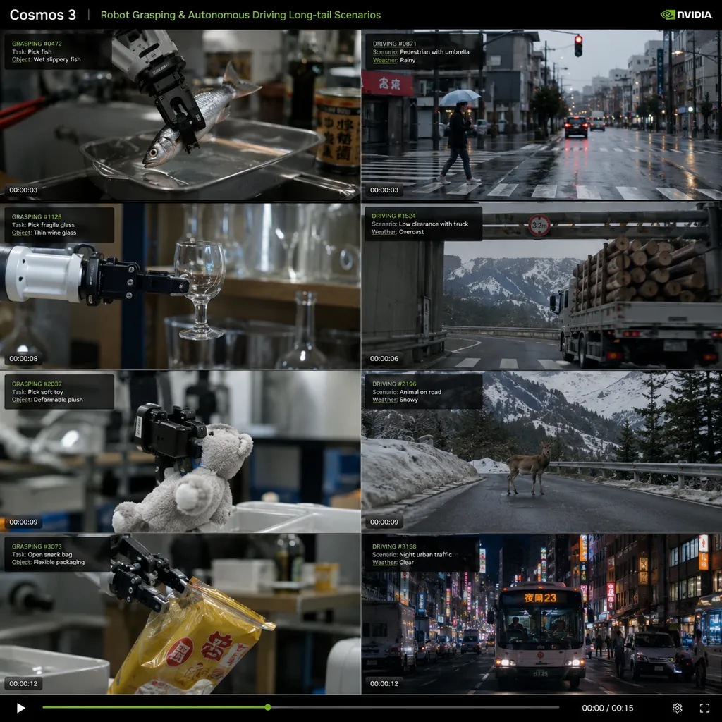 Screenshots from Cosmos 3‑generated robotic grasping and autonomous‑driving long‑tail‑scenario videos