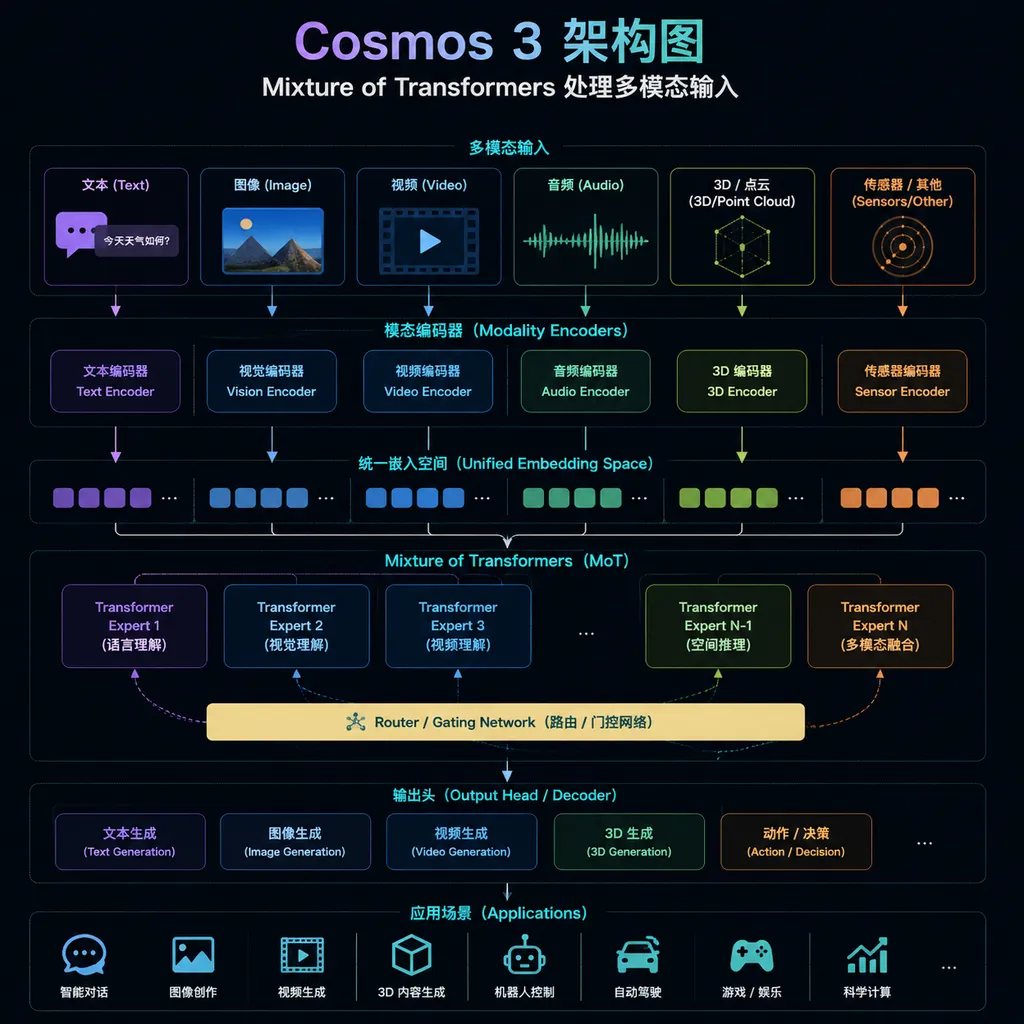 Cosmos 3 architecture diagram – Mixture of Transformers handling multimodal inputs