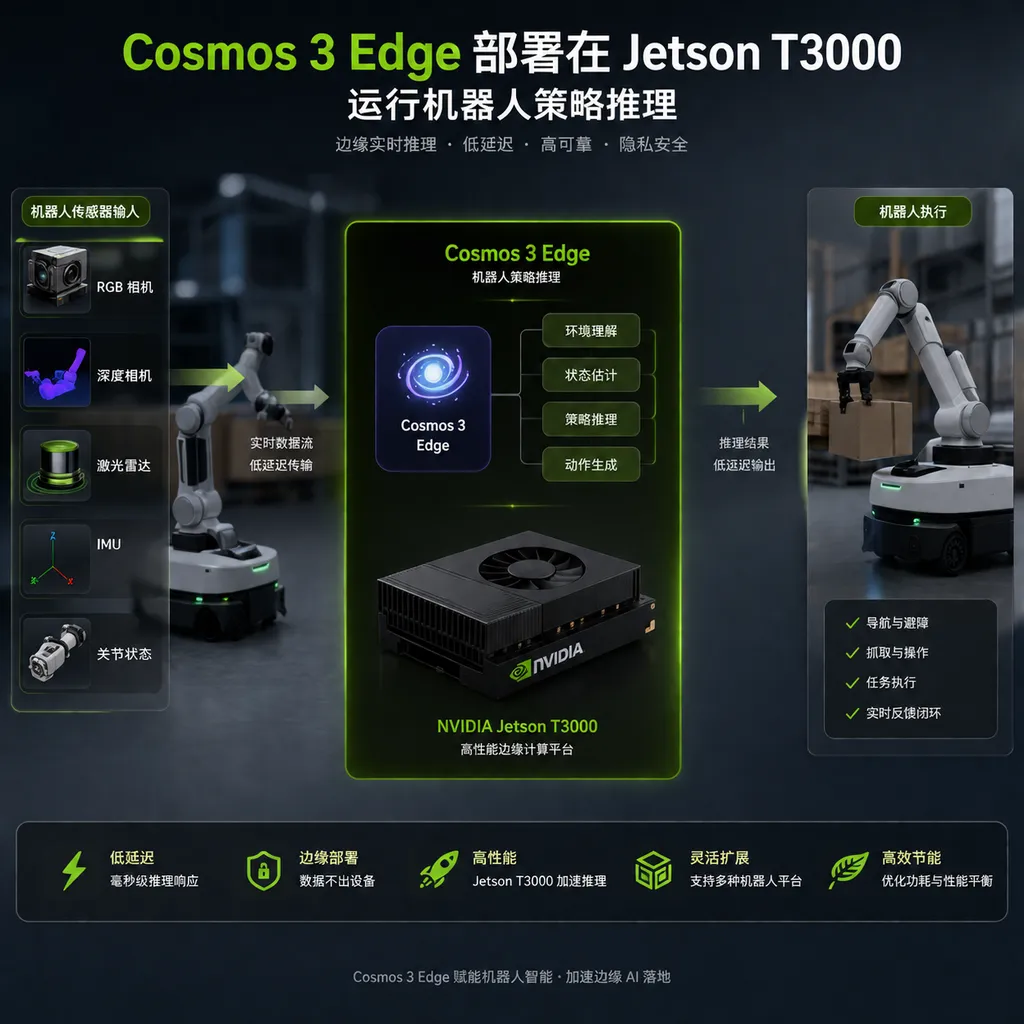Illustration of Cosmos 3 Edge deployed on Jetson T3000 running robotic policy inference