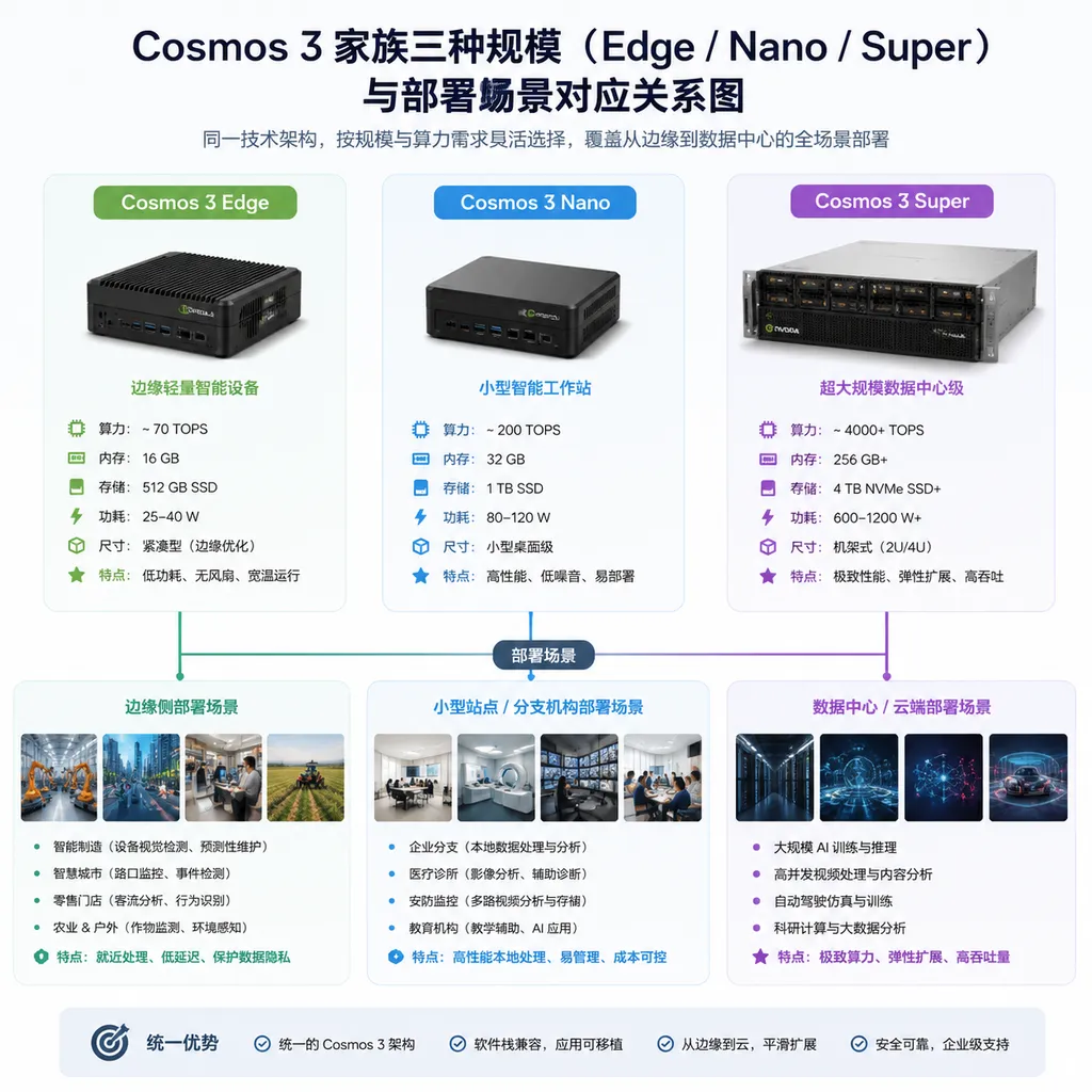 Relationship between Cosmos 3 family scales (Edge / Nano / Super) and deployment scenarios