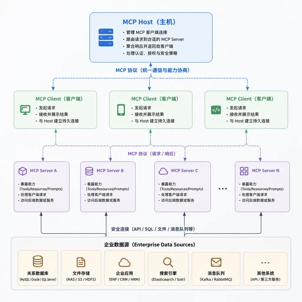 MCP Host、Client、Server 与企业数据源之间的连接架构图