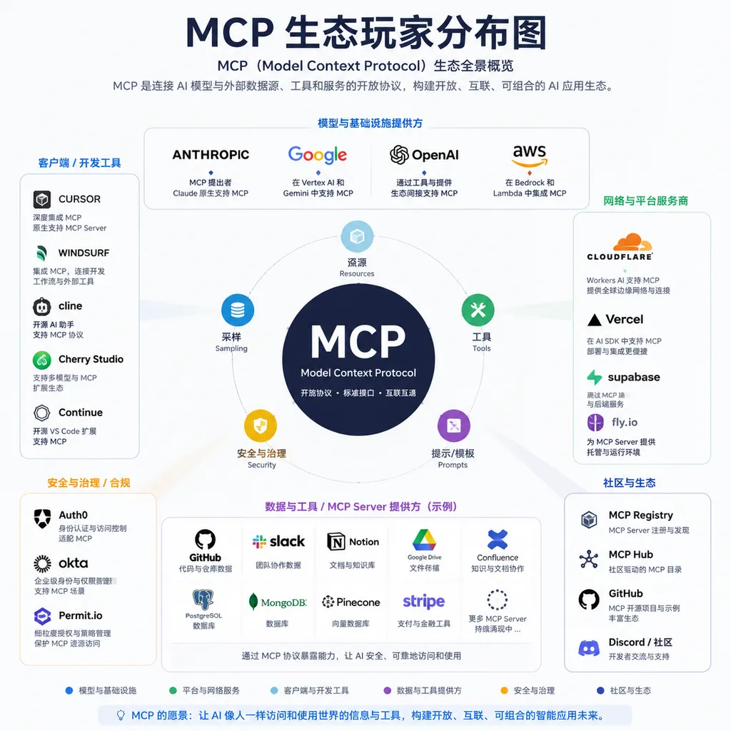 MCP ecosystem map showing key players including Anthropic, Cloudflare, Google, Cursor, etc.