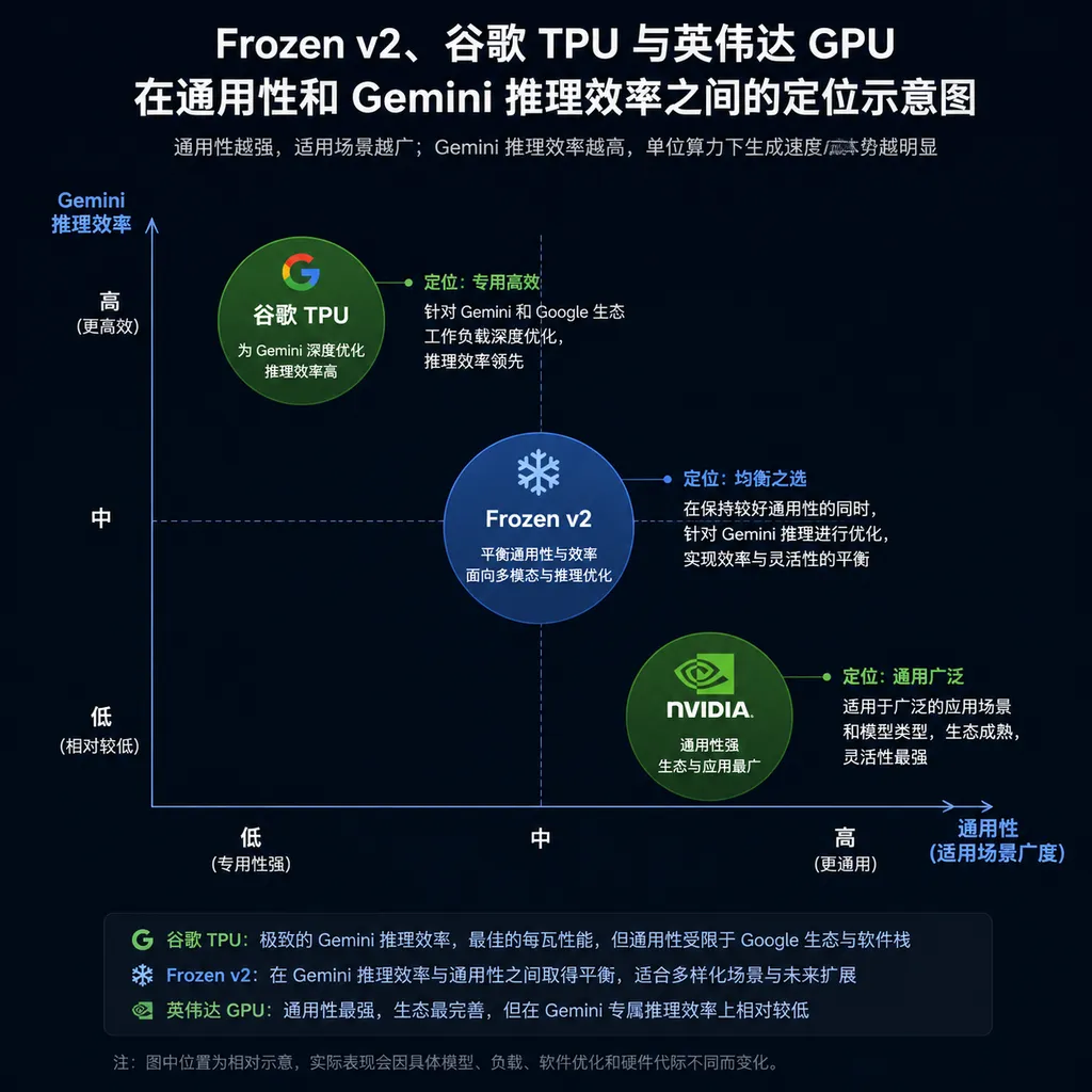 Frozen v2、谷歌 TPU 与英伟达 GPU 在通用性和 Gemini 推理效率之间的定位示意图