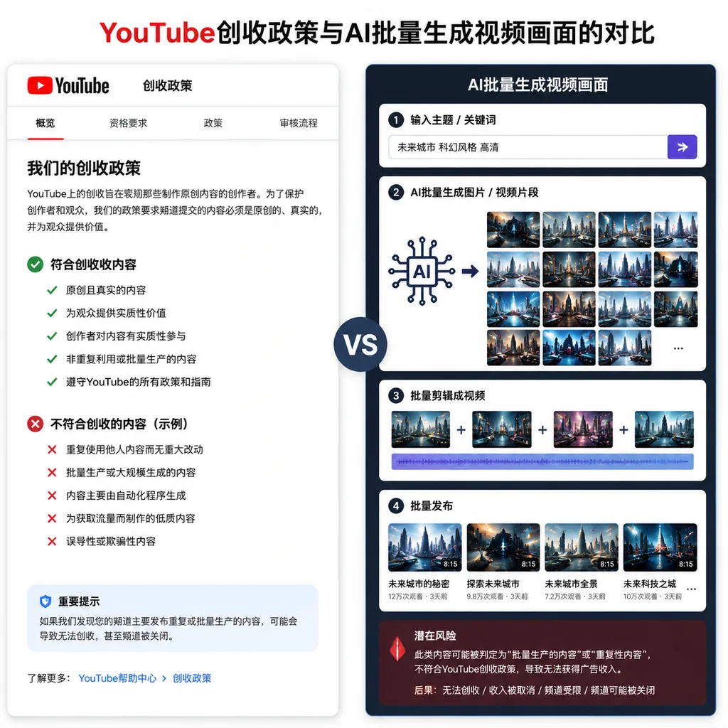 YouTube创收政策页面与AI批量生成视频画面的对比示意图