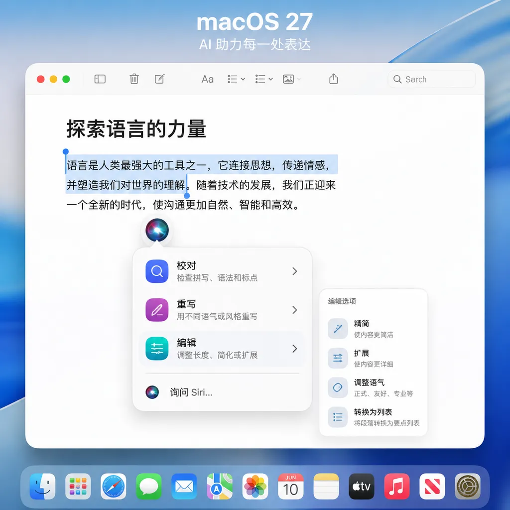 macOS 27 中选中文本后浮现微型 Siri AI 图标,并展开校对、重写和编辑菜单的界面示意图