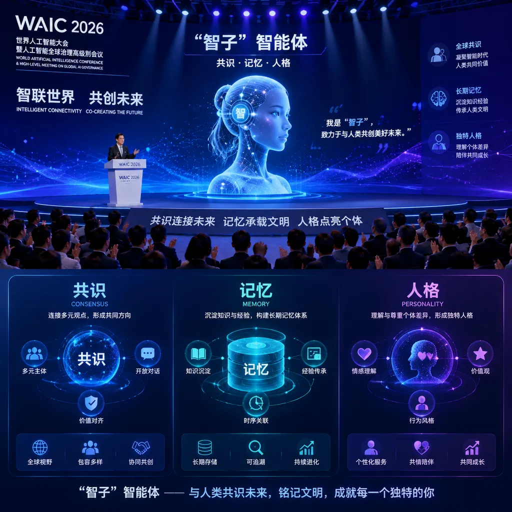 WAIC 2026 论坛现场与“智子”智能体概念展示,画面突出共识、记忆、人格三个关键词