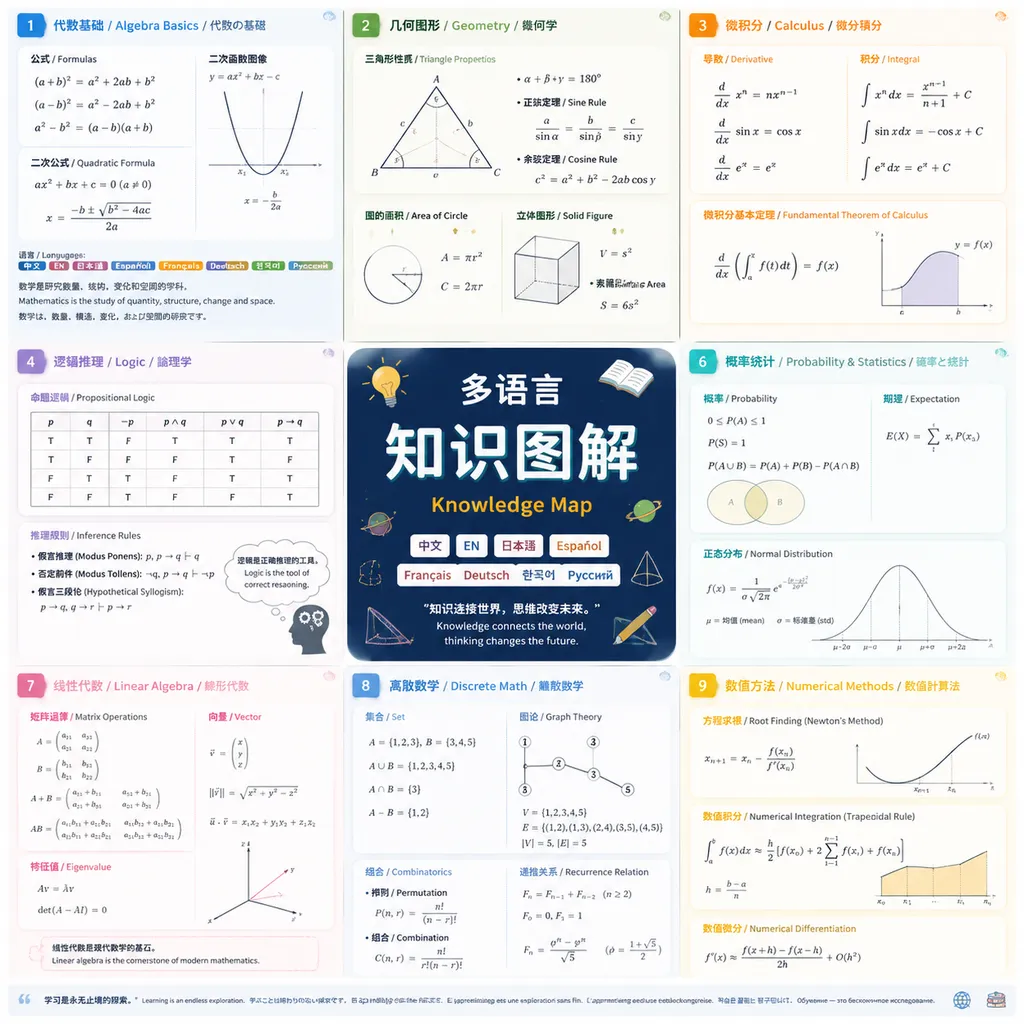 Qwen-Image-3.0 生成的多语言知识图解与复杂九宫格版面,画面包含数学公式、几何图形、逻辑推导和不同字体的小字号文字