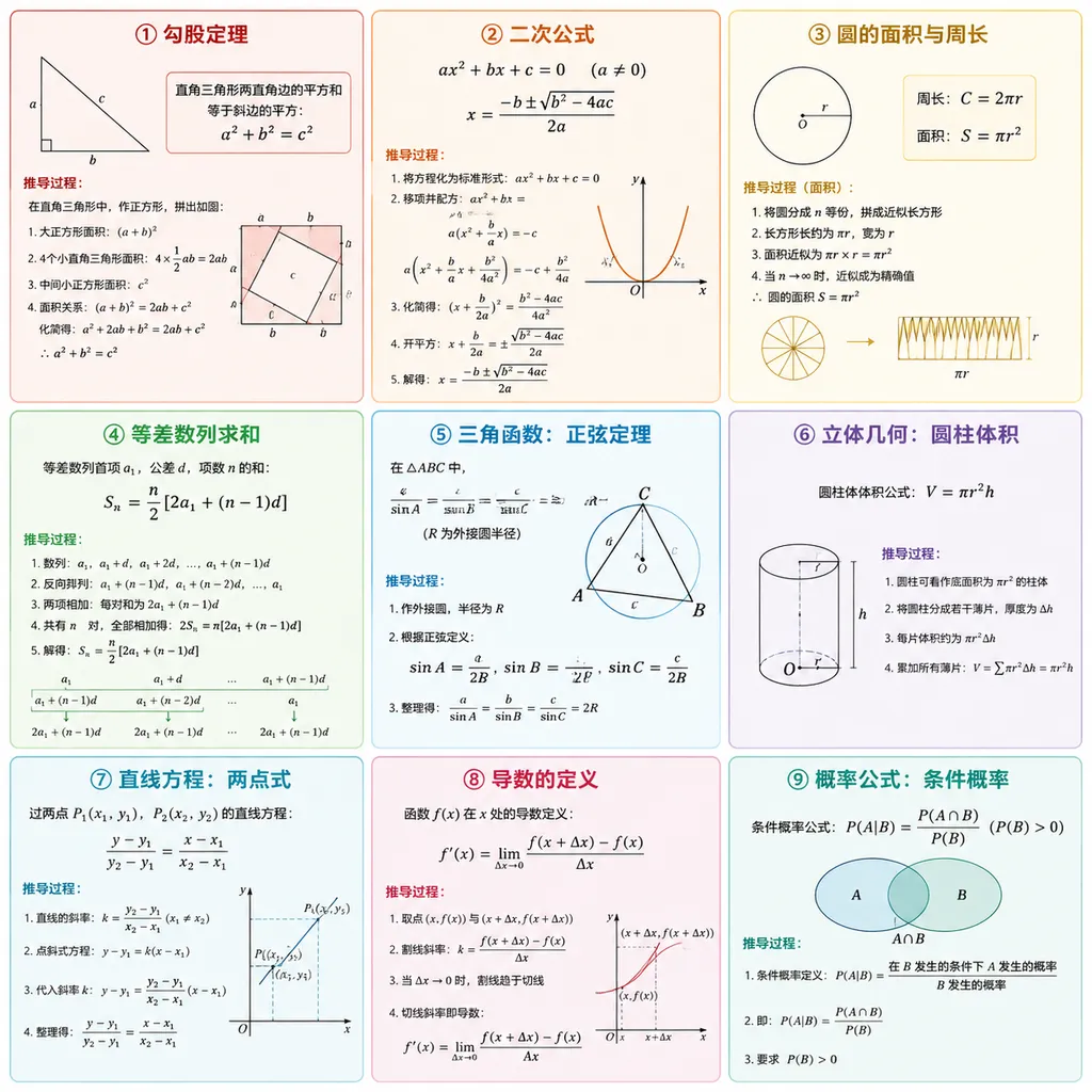 A “knowledge nine-grid” generated by Qwen-Image-3.0, each cell containing formulas, geometric figures, and derivation steps