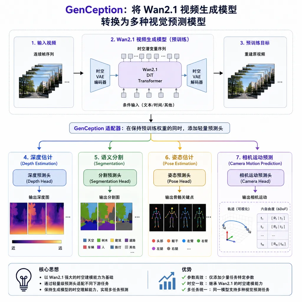 GenCeption 将 Wan2.1 视频生成模型转换为深度估计、分割、姿态和相机运动预测模型的流程示意图