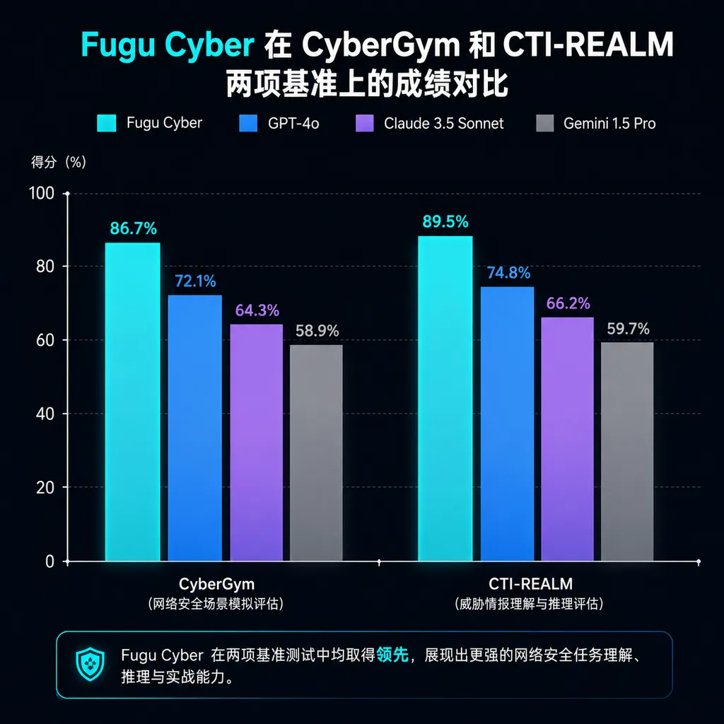 Bar chart comparing Fugu Cyber’s performance on CyberGym and CTI-REALM benchmarks