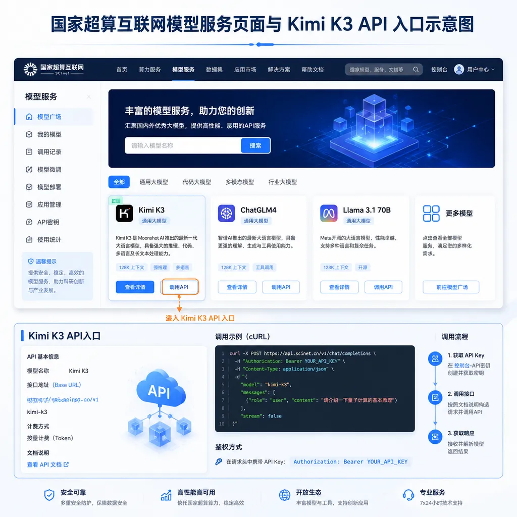 国家超算互联网模型服务页面与Kimi K3 API入口示意图