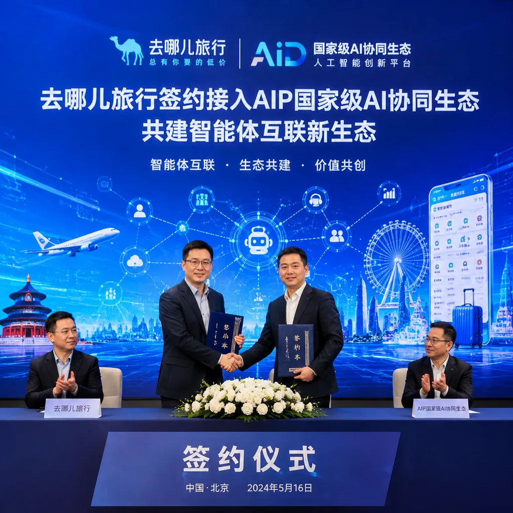 去哪儿旅行签约接入AIP国家级AI协同生态的会议现场,背景包含智能体互联与在线旅游元素